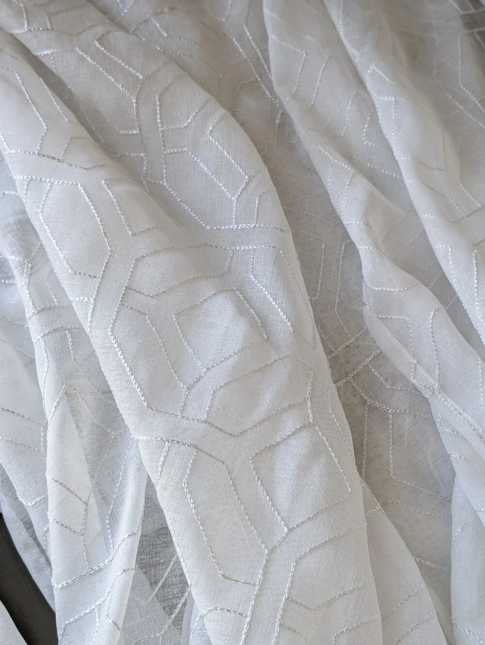 4 White Sheer Curtain Panels 82x32 Metallic Embroidered Geometric Grommet Top
